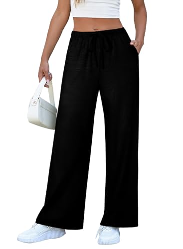 Image of EVALESS Striped Pants Women Casual Wide Leg Drawstring Elastic Waist Kint Trousers Lounge Sweatpants with Pockets