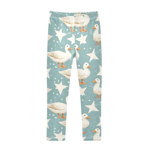 White Duck with Star Girls Leggings Athletic Pants Tights Stretch Bottom