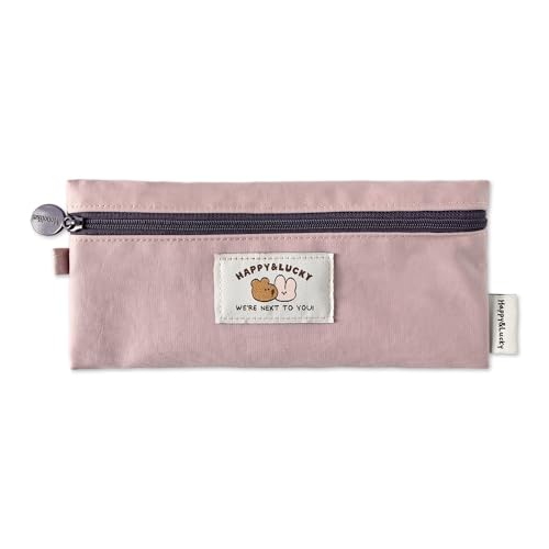Image of Monolike Happy and Lucky Flat Pencil Case, Indie pink - Slim Water-Resistant Nylon Pen Pouch, Aesthetic Pastel Stationery Organizer for Office