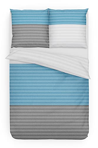 Träumschön Juego de ropa de cama de franela de 135 x 200 cm, 2 piezas, rayas horizontales, color antracita y azul, funda nórdica de 135 x 200...