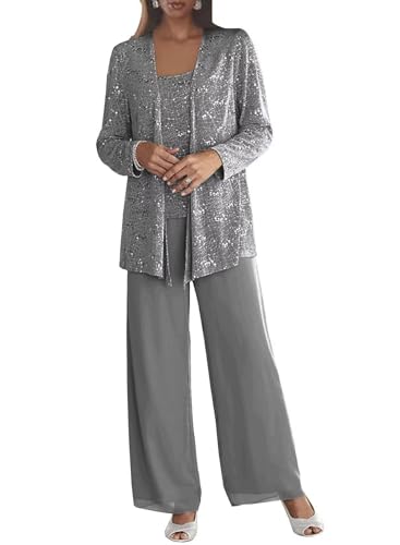 Women's Formal Pant Suits Steel Grey 3 Pieces Mother of The Bride Pant Suits Petite Dressy Pantsuits Wedding Outfits Size 8