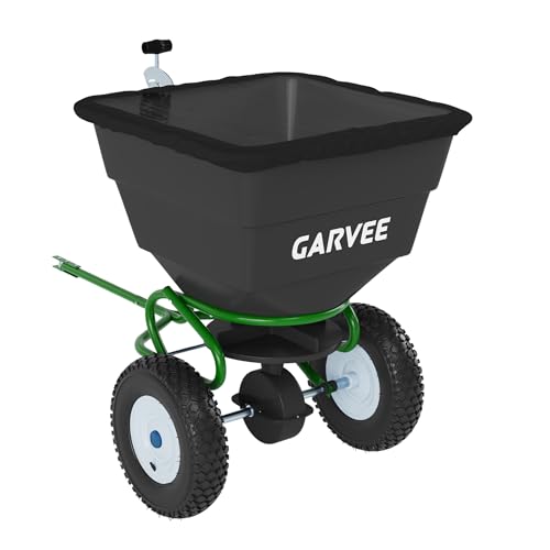 Tow-Behind Broadcast Spreader 110 LBS Adjustable Flow Lawn Spreader with Universal Hitch & Hopper Cover ATV UTV Lawn Tractor Pull Behind Fertilizer &Grass Seed Spreader for Yard Farm & Winter Ice Melt