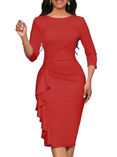 Image of Church Dresses for Women 3 /4 Sleeve Ruffle Vintage Bodycon Cocktail Work Midi Pencil Dress