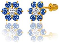 14kt Solid Gold Kids Flower Stud Screwback Earrings - Sapphire