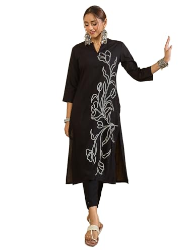 Image of INDO ERA Women Viscose Rayon Straight Fit Straight Floral Embroidered Kurtas