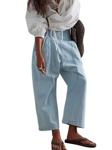 utcoco Womens Smocked Mid Rise Barrel Jeans Y2k Vintage Baggy Wide Leg Jeans Cropped Denim Harem Pants