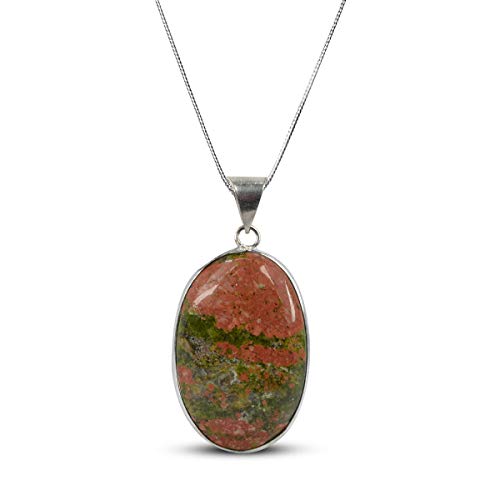 Image of Reiki Crystal Products AAA Unakite Pendant Natural Crystal Stone Pendant /Locket with Metal Chain Oval Shape for Reiki Healing and Crystal Healing Gemstone for Unisex (Color : Green)