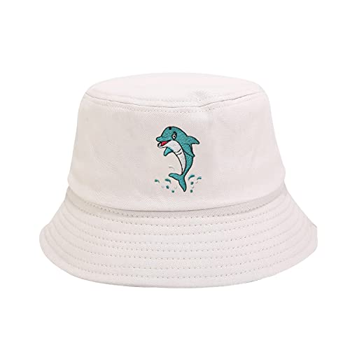 Embroidered Dolphin Bucket Hat For Men Women Teens, Beige Embroidery Travel Beach Sun Hats Adjustable Fisherman Cap Unisex #TOP8