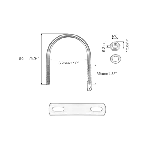 Image of uxcell Round U-Bolts, 2 Sets 65mm(2.56 inch) Inner Width 90mm Length M8 304 Stainless Steel U Clamp Bolt with Nuts Washers and Plates, for Boat Trailer