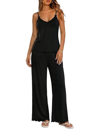 Image of Ekouaer Womens Y2K Cami Pajama Set with Flare Pants, 2 Piece Lace Trim Sleepwear Spaghetti Strap Pjs Set XS-2XL