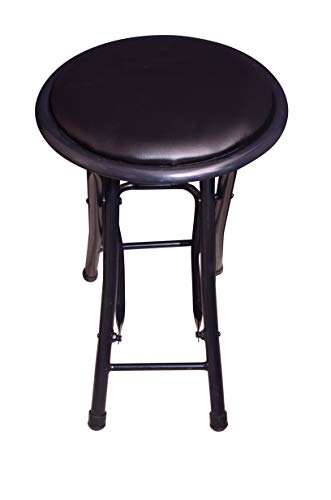 Image of IYB Home Folding Stool - Heavy Duty 21-Inch Seating Height Collapsible Padded Round Stool with Foot Rest for Kitchen, Office, Breakfast, Dorm, Rec Room or Gameroom, Black, PVC Cushioned Seat