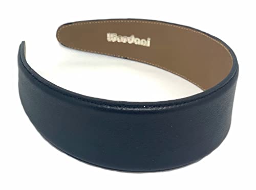 Wardani, 4.7 cm wide genuine leather headband stitched edge calf leather, handcrafted & handmade in Brooklyn USA 1.3/4” wide (BLACK)