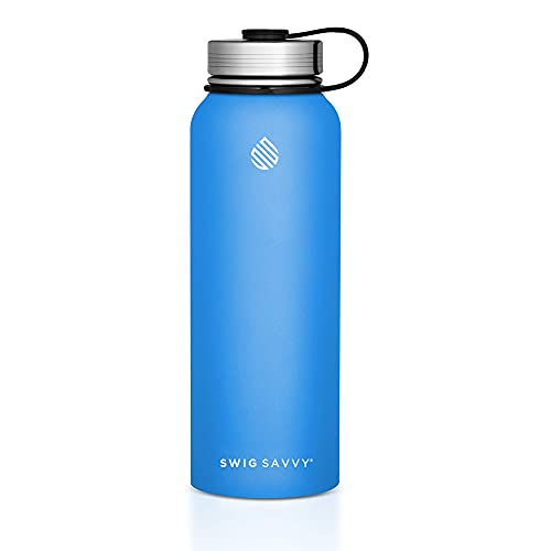 Swig Savvy Sports Water Bottle, Vacuum Insulated Stainless steel, Double Wall Wide Mouth Leakproof Lid - 30oz (Blue)
