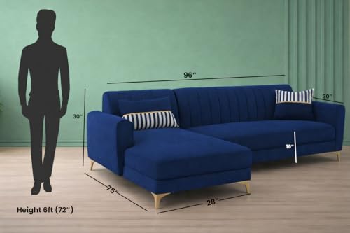 Image of Adorn India Premium Luster 8 Seater L Shape Sofa Set with 2 Puffy & 1 Center Table | Velvet Suede Fabric | 3-Year Warranty | LHS | Blue with Golden Legs & Striped Pattern Cushion