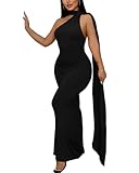 Sexy Elegant Evening Gown for Women Long Backless Formal Ball Gown Dress for Parties One Shoulder Maxi Cocktail Galas (US, Alpha, Large, Regular, Regular, Black)