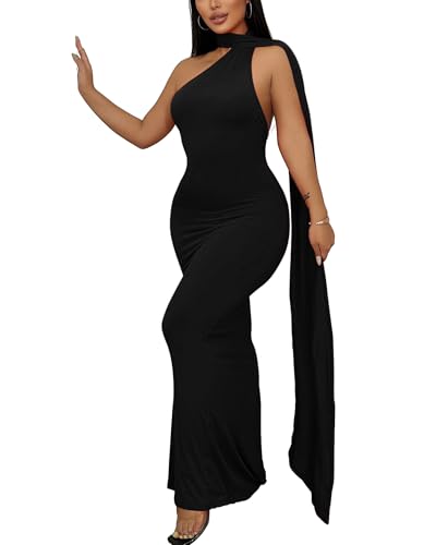 Sexy Elegant Evening Gown for Women Long Backless Formal Ball Gown Dress for Parties One Shoulder Maxi Cocktail Galas (US, Alpha, Small, Regular, Regular, Black)
