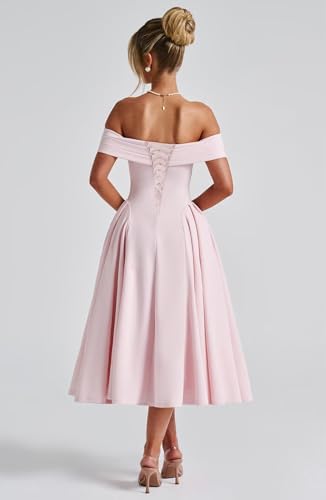 Satin Off The Shoulder Formal Midi Dress for Women A Line Ruched Tea Length Prom Party Dresses2