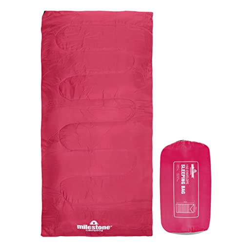 Milestone Camping Envelope Single Sleeping Bags / 2 & 3 Season Insulation/Light & Portable with Carry Sack/Extra Thick Double Layer Interior/Water Resistant (Pink, 2 Season)