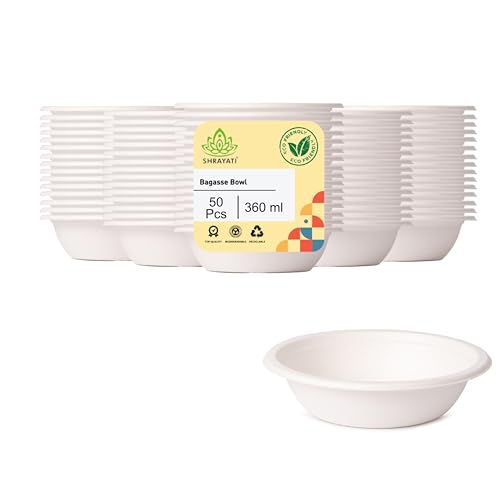 Image of Shrayati Sugarcane Bagasse Bowls, 360 ml, 50 Pcs, Biodegradable Bagasse Disposable Round Bowls for Convenient and Sustainable Eating