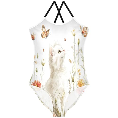 Pigsaly Girls One Piece Swimsuits Butterfly Daisy Flowers Watercolor White Cat Kids Cross Back Swimwear Bathing Suit 3T
