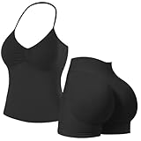 Seamless Gym Sets for Women 2 Piece Halter Crop Top Sports Bras Hidden Scrunch Shorts Yoga Outfits Activewear Tracksuit