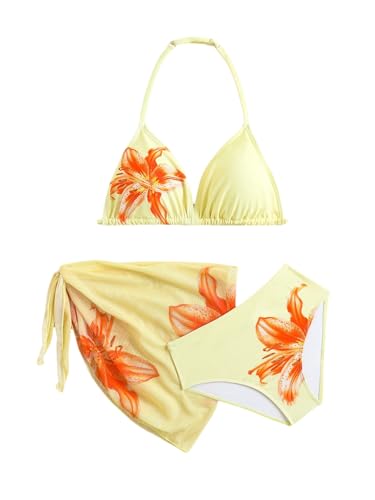 RoseSeek Girls 3 Piece Swimsuits Floral High Waisted Bikini Bathing Suit with Mesh Coverups Skirt Yellow 12 Years