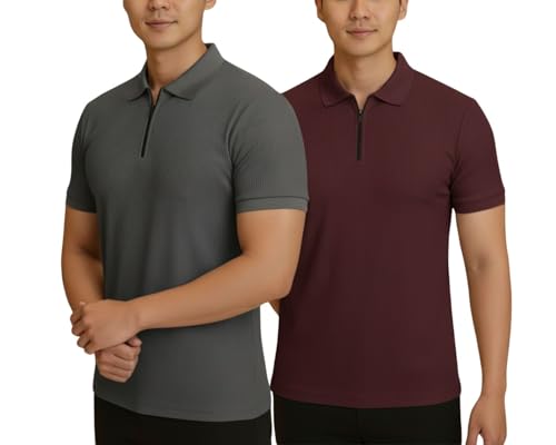 Image of MACK JONNEY Men's Cotton Self Design Polo T-Shirts | Front Half Zipper | Pack of 2 | Multicolour
