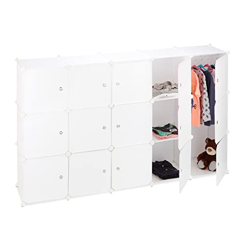 Relaxdays Regalsystem Kleiderschrank mit 11 Fächern, Garderobe mit 2 Kleiderstangen, DIY Kunststoff Steckregal, weiß