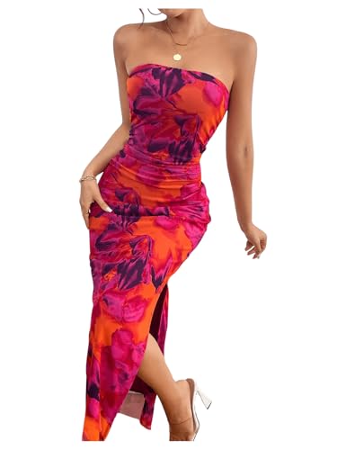 Image of Milumia Women's Tie Dye Strapless Tube Ruched Split Bodycon Party Midi Dresses