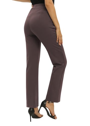 EXCHIC Damen Business Büro Gerades Bein Arbeits Hosen Freizeit Elastische Taille Hosen mit Taschen(S, Braun)