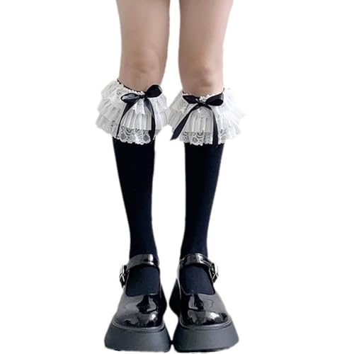 Womens Lace Ruffle Knee High Socks Lolita Multi-Layered Bows Stockings Girls College Style Long Socks for Summer