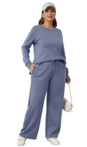 Image of WIHOLL Women's 2 Piece Lounge Sets Sweatshirt Casual Travel Outfits Fashion Wide Leg Tracksuit Cozy Sweatsuits