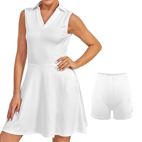 Bezioner Vestido Tenis Mujer Vestido Deportivo con Pantalones Cortos Vestido Polo con Bolsillos Vestido de Golf sin Mangas Línea A Vestidos Atléticos Blanco S