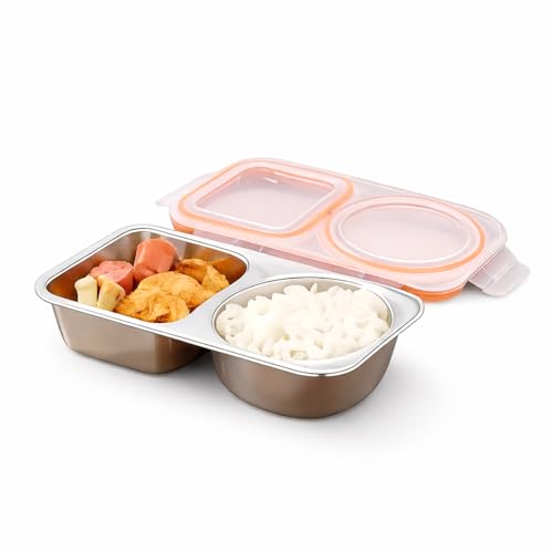 Image of Motka Stainless Steel Bento Lunch Box with 2 Compartment | 460 ml Leakproof Lid, Portion Control Meal Box | BPA Free Food Storage Container | Dishwasher, Freezer Safe | Office School Travel - Orange