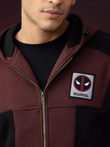 Image of The Souled Store Deadpool: Double Trouble Men and Boys Full Sleeves Hooded Neck Burgundy Graphic Applique Cotton Blend Heavy Fleece Winter Wear Zipper Oversized Hoodie