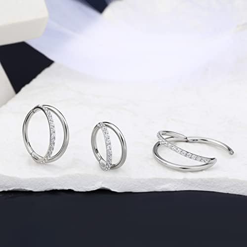OUFER Cartilage Helix Earring Hoop 16G Orbital Conch Ring Tragus Daith Piercings Jewellery CZ Rook Snug Double Line Hinged Surgical Steel Septum Clicker Silver Nose Ring, 8/10/12mm