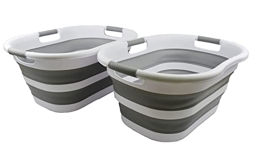 Image of SAMMART 40L (10.5 gallon) Set of 2 Collapsible Plastic Laundry Hamper - Foldable Pop Up Storage Container /Organizer - Portable Washing Tub - Space Saving Basket (2, White /Grey)