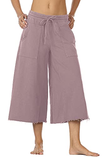 icyzone Women's Culottes Capri Pants Wide Leg Casual Cropped Lounge Pants (L, Lilac)