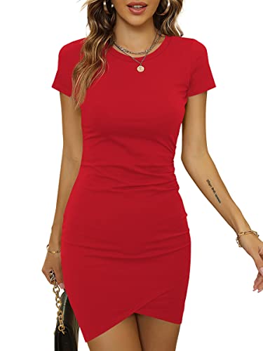 Laughido Vestido Corto de Verano para Mujer, de Manga Corta, con Cuello Redondo y Fruncido, Rojo, M
