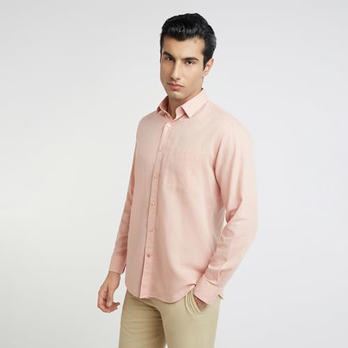 Image of Raymond Men Slim Fit Solid Pattern Linen Cotton Blend Regular Collar Full Sleeve Casual Shirt