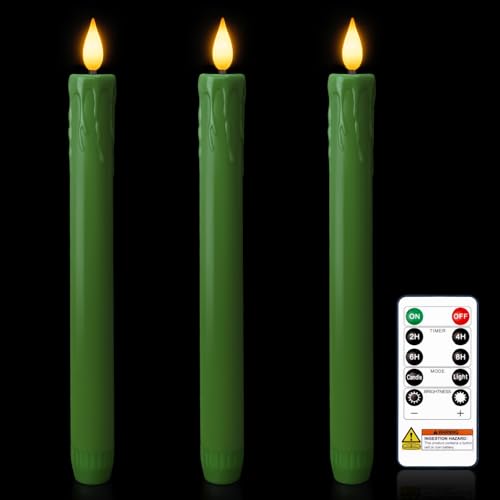Image of Homemory 3 Pcs Waxy Green Flameless Taper Candles with Remote Timer, LED Fake Candlesticks, 9.6 Inches Battery Tall Candle with 3D Flickering Flame for Wedding, Dinner, Christmas Anniversary Decor