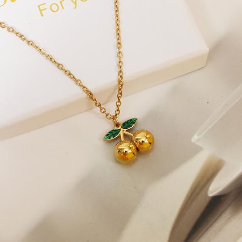 Elegant 18K Gold Cherry Pendant Necklace with Green Enamel Leaves Fashion Statement Accessories