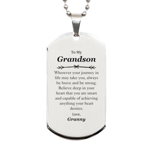 to My Grandson Silver Dog Tag, Believe deep in Your Heart, Motivational Grandson Birthday Inspirational Gifts from Granny
