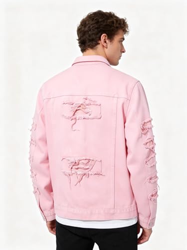 Image of Men's Denim Jacket Patchwork Fringe Jacket Slim Jean Jacket Streetwear Coat