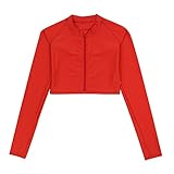 SwimZip Women's Long Sleeve Crop Top Rash Guard Swim Shirt - UPF 50+ with Zipper Fiesta Red