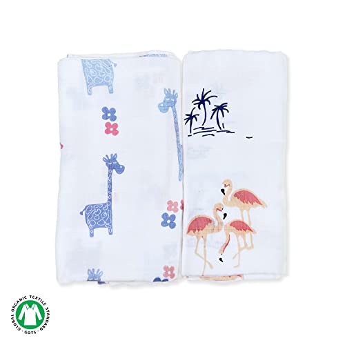 Image of TinyLane - Curated for you! 100% Organic Bamboo Muslin Swaddle New Born Baby, 0-6+ Months, 90x90 cm, Multi Color, Skin Friendly (Giraffe + Flamingo, Pack of 2)