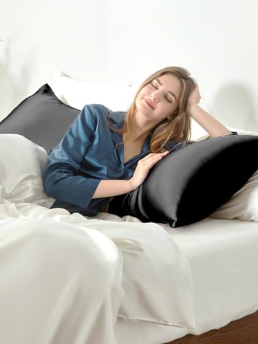 Image of THXSILK Set of 2 100% Mulberry Silk Pillowcase for Hair and Skin Health, 22 Momme Soft and Smooth Pillowcases with Hidden Zipper, Both Sides Premium Grade 6A+ Silk, Body Size 20 inchx54 inch, Black