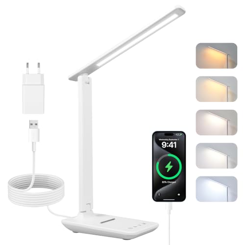 Carehabi Lampe de bureau LED, Dimmable avec Support Téléphone