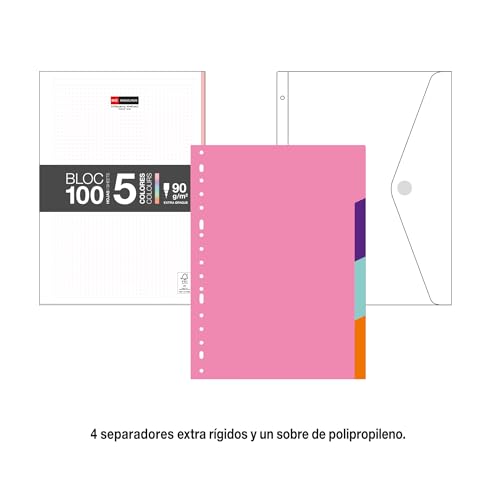 Miquelrius - Ringordner A4 Emotions, Ringbuchordner mit 4 Ringen + kariertes Nachfüllpapier, 4 Trennblätter + Umschlag, 90 g/m² Papier, Gummibandverschluss, Ringbuch Büro Zubehör Schul, Rosa