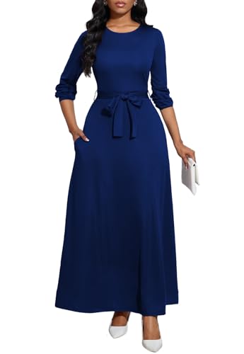 Image of BubFee Long Dress for Women Casual Long Sleeve Dresses Maxi Dress Empire Waist Loose with Belt